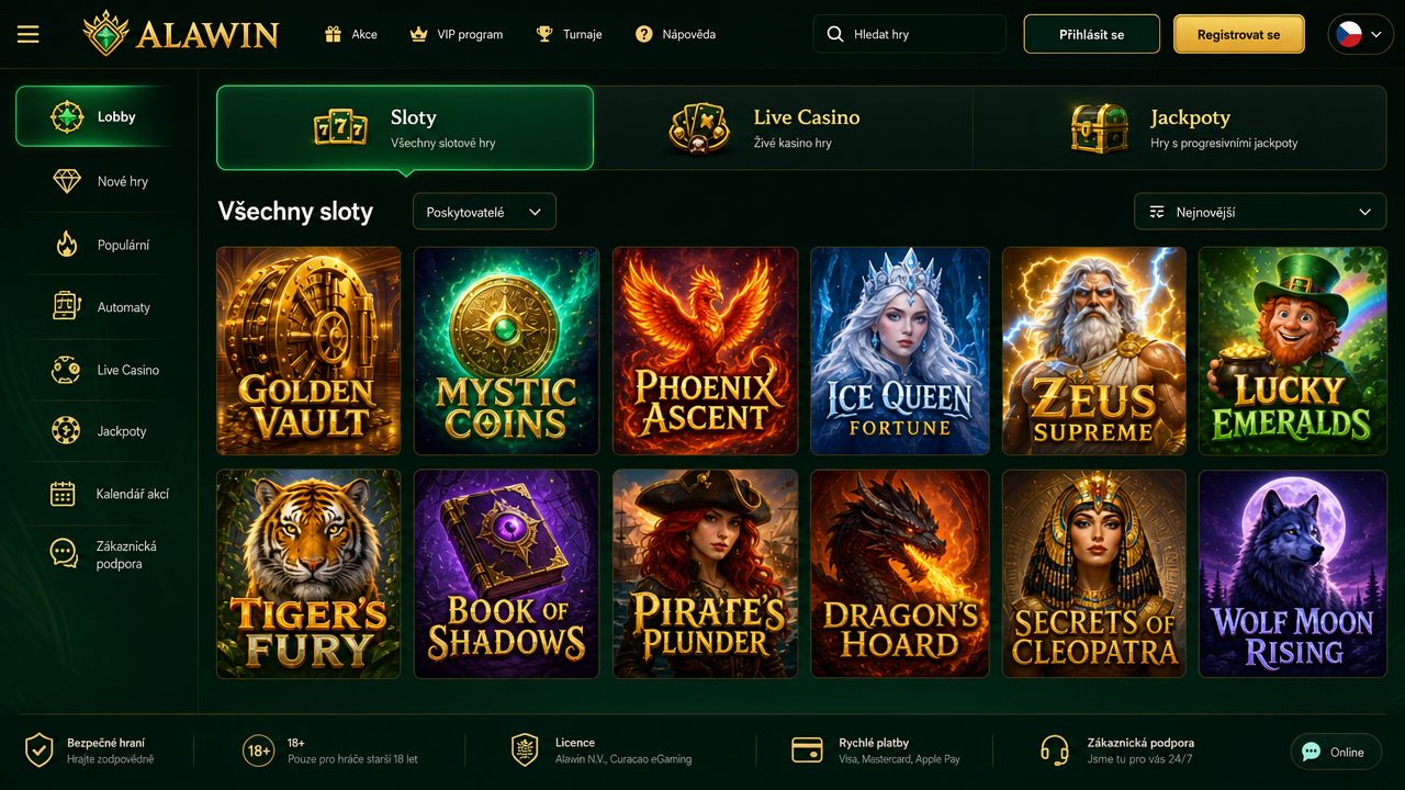 Ukázka domovské stránky online casina Alawin